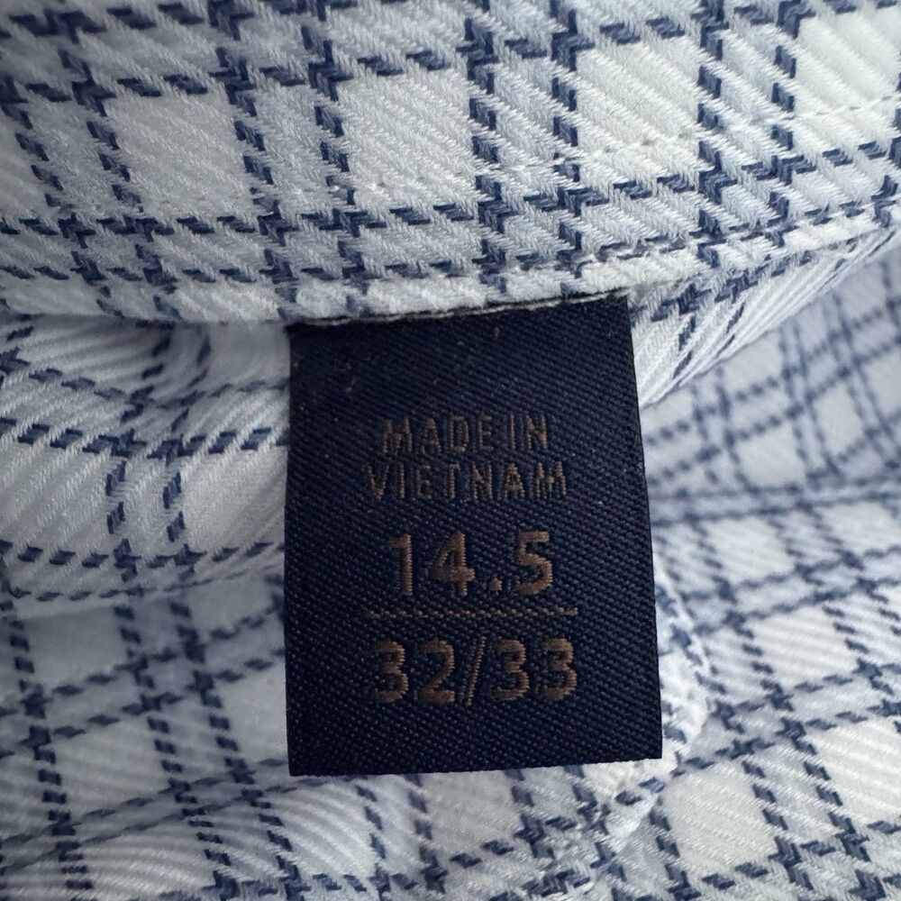 David Donahue Trim Fit‎ Dress Shirt Mens 14.5 32/33 White Blue Plaid Check Slim - Picture 9 of 14